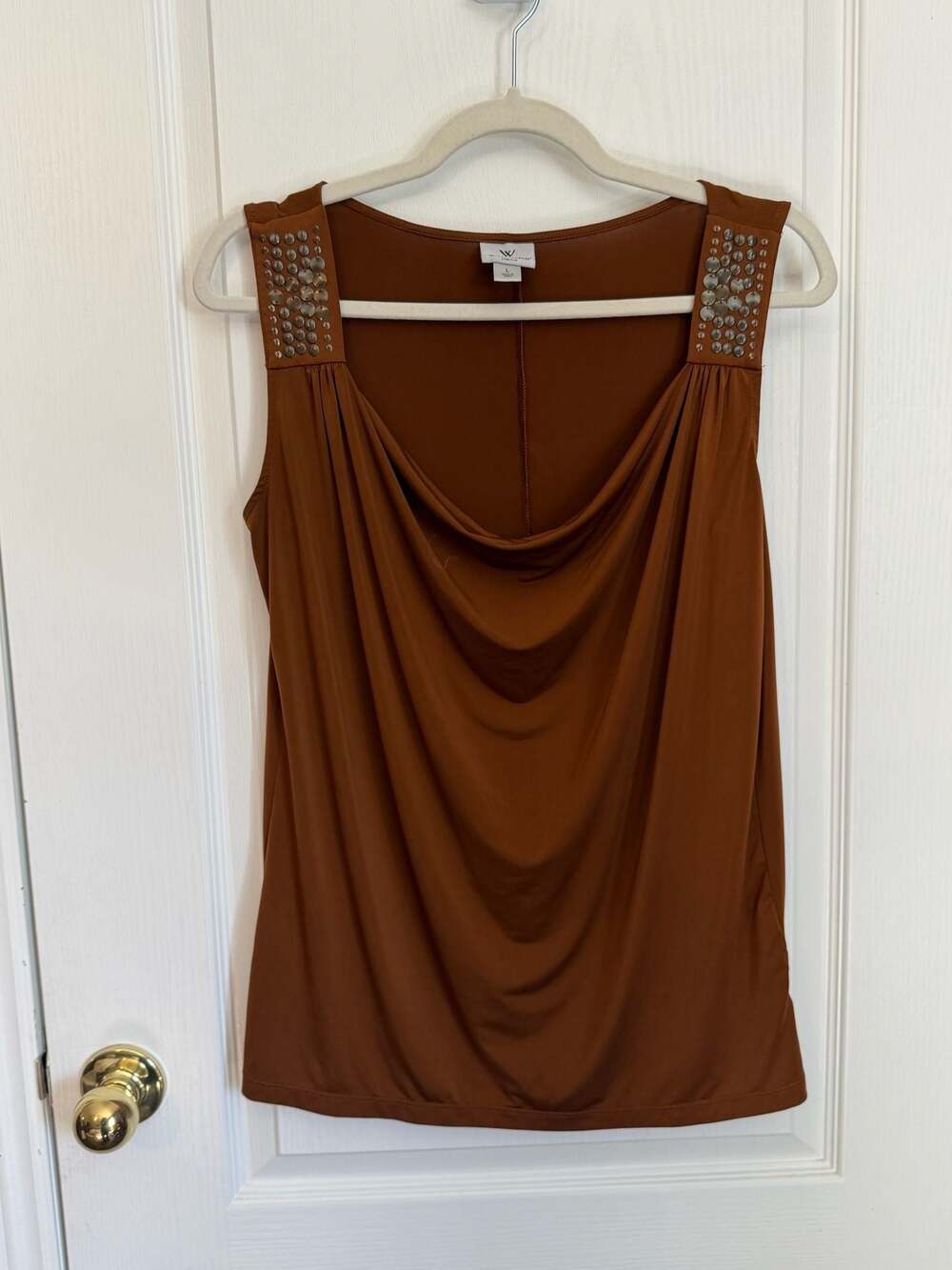 Worthington Stretch Brown Cowl Neck Sleeveless Top with Metallic Beaded Straps